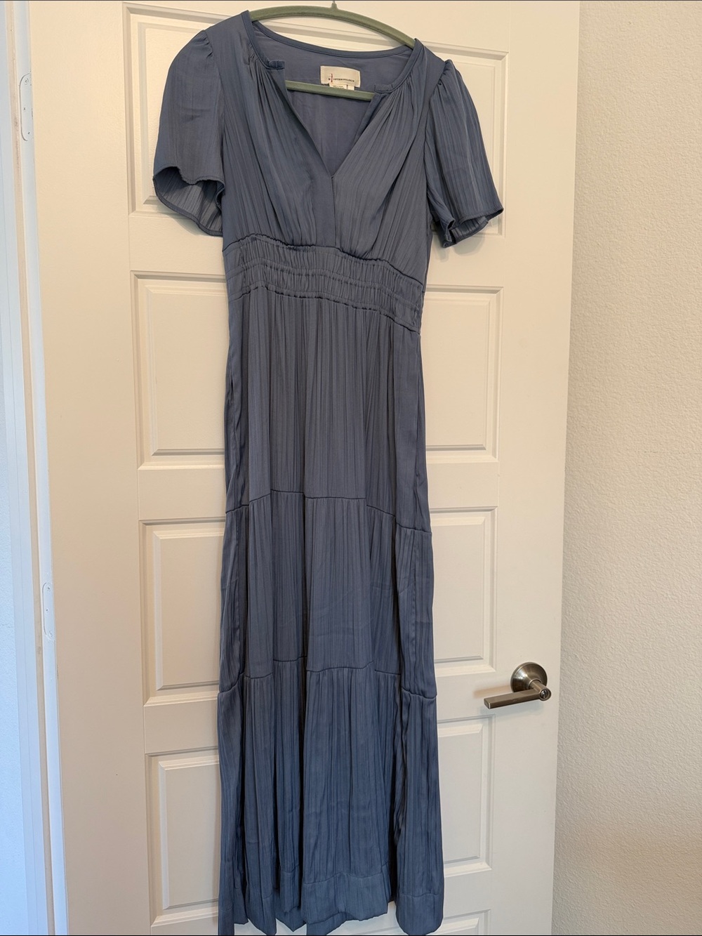 Anthropologie Slate Blue V-Neck Tiered Maxi Dress